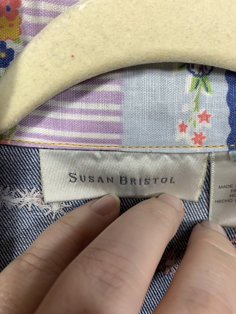 Susan Bristol Blue Denim Jacket with Pastel Floral Bow Patchwork Trim - Picture 3 of 13